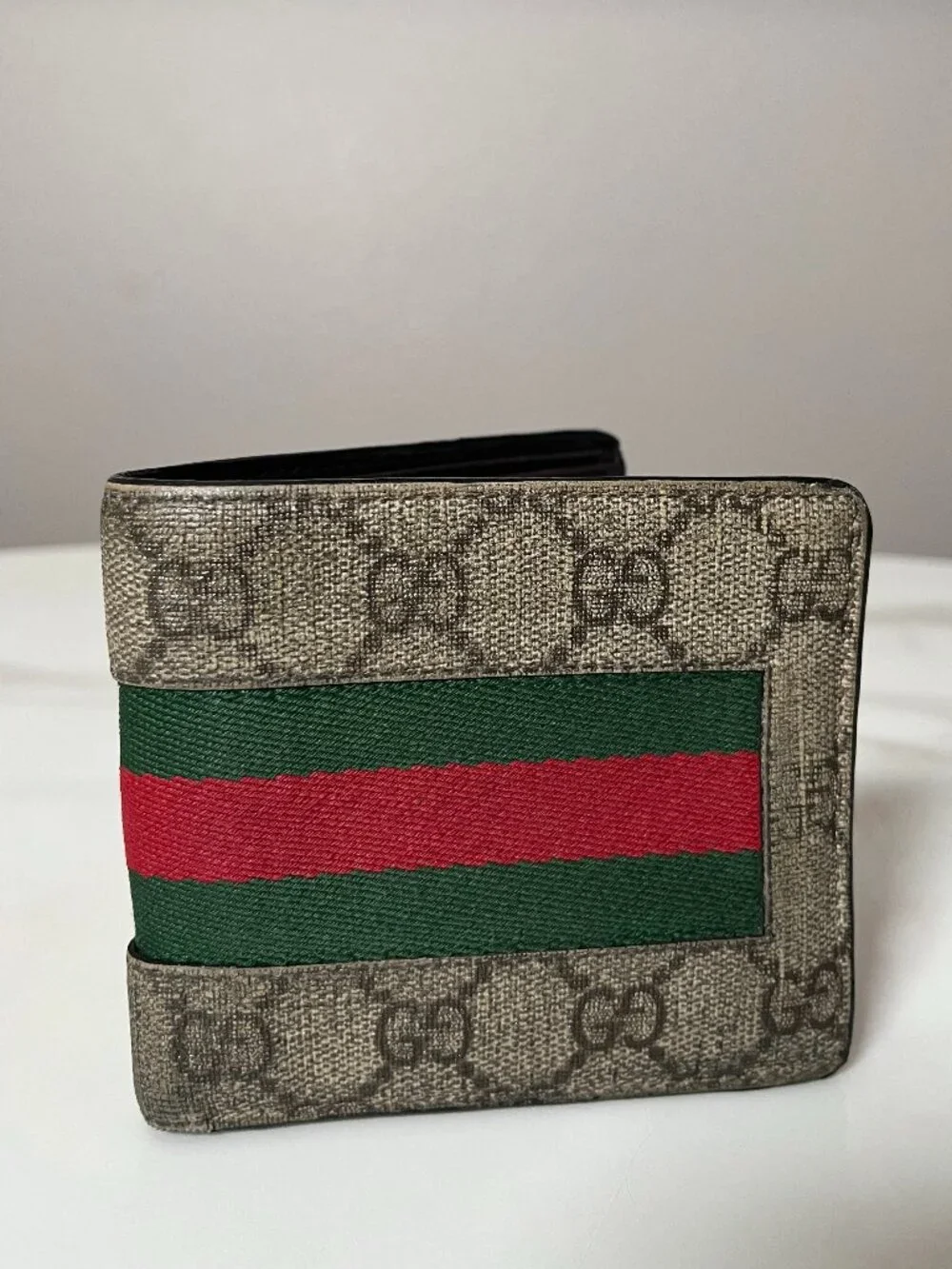 Gucci GG Supreme Web Stripe Bifold Leather Wallet Coin Pocket + Dust Bag